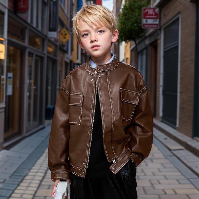 

Модная кожаная мотоциклетная куртка для мальчиков на весну и осень 2025 года 110cm