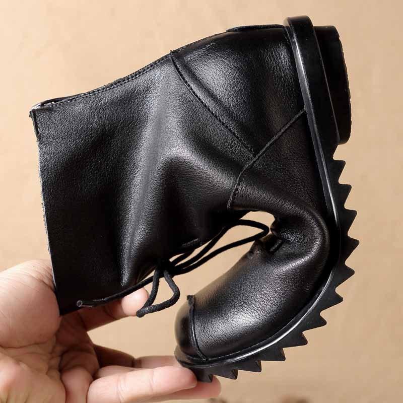 Johnature Genuine Leather Soft Soled Short Boots Versatile Black Lace Up Back Zipper Warm Women's Boots