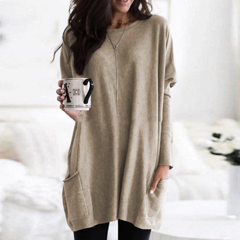 New Autumn Long Sleeved Casual Pocket T-shirt Top for Women's Clothing