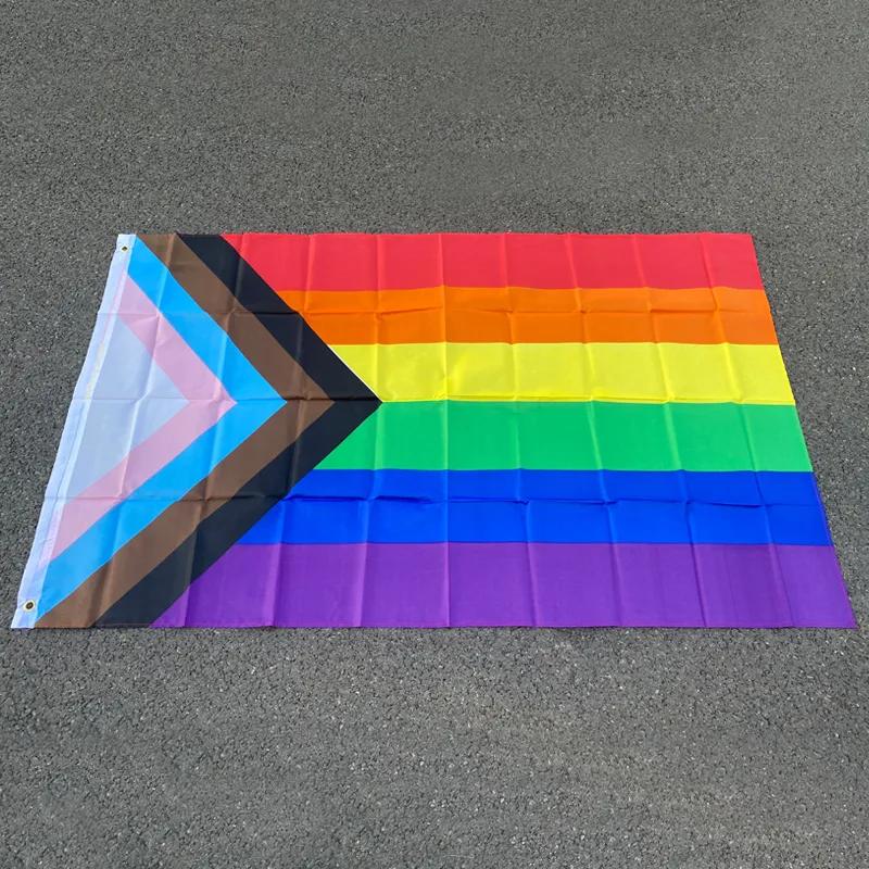 Bandiera Arcobaleno Progress Pride Bandiera Mese dell'Orgoglio Gay Lesbico LGBT Colore Vivace Resistente allo Sbiadimento Tela di Poliestere Intestazione Cucita Doppia