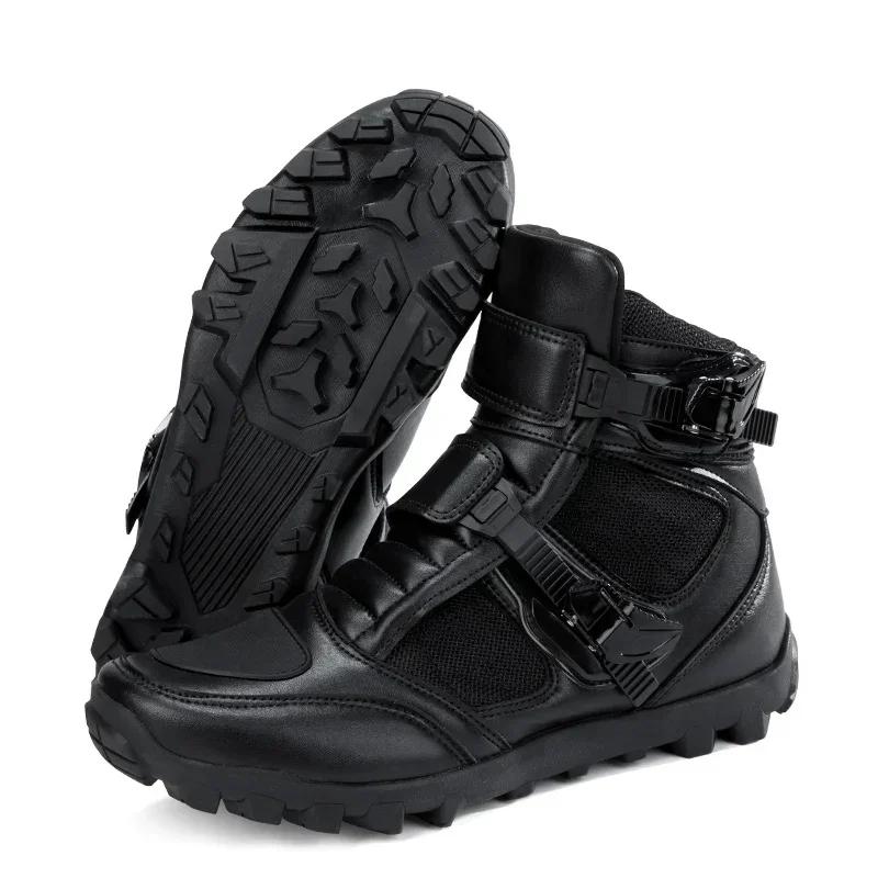 Black Leather Motorcycle Shoes Men Women Motocross Boots Summer Breathable Light Adventure Biker Boot For Urban Riding Racing