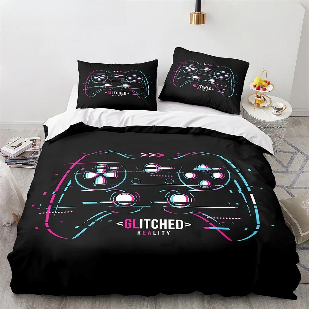 Game King Queen Duvet Cover 3D Black Game Handle Bedding Set for Kids Teens Boys Man Gamer Bedroom Decor Quilt Cover Pillowcase