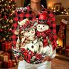 Women's Casual Christmas Print Long Sleeve Button Down Shirt with Lapel Collar and Side Slits
