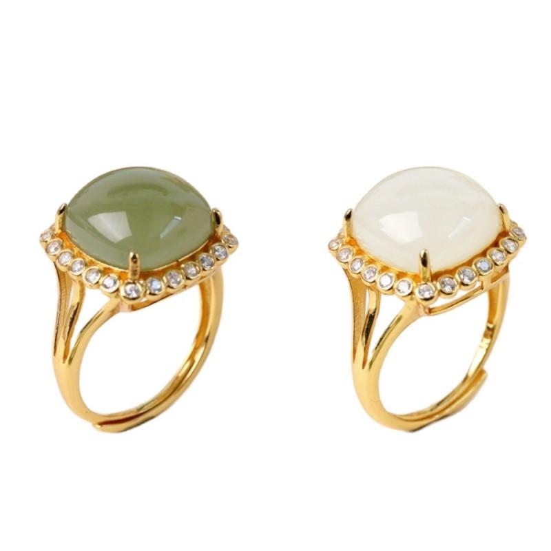 Adjustable Square Geometric Ring Women Men Copper Plated Gold With Jadeite White Jade Minimalist Vintage Style