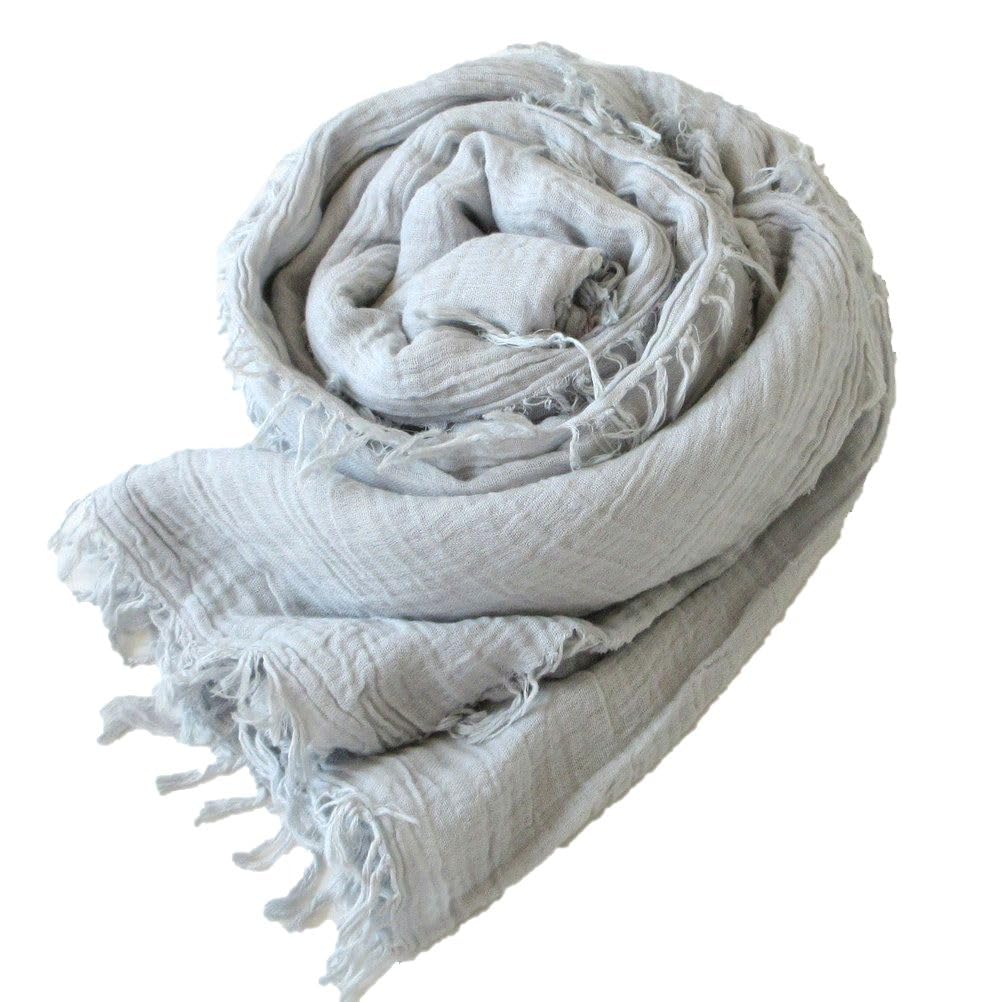 

[.a all over the world] Large Organic Cotton Scarf, Square, 100% Cotton, Solid Color, Spring/Summer, 120x120cm, Unisex, Fringe, Light Gray (Silver)