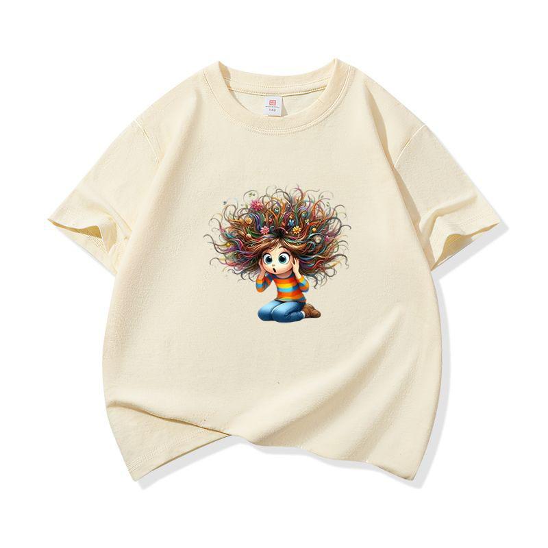 Kids Cotton T Shirt Surprised Girl With Colorful Hair Print Crew Neck Short Sleeve Tee Casual Boys Girls Summer Tops