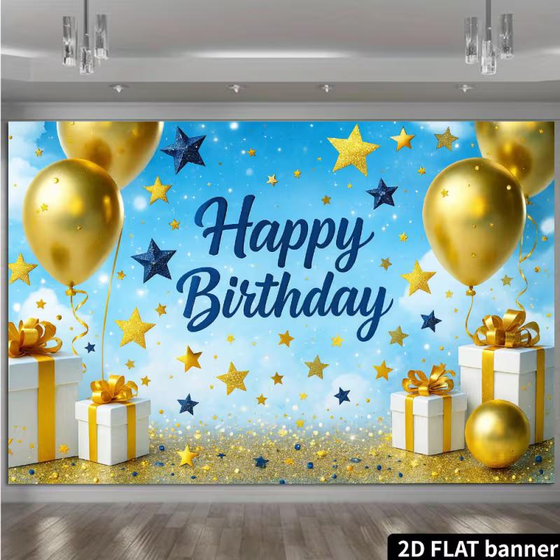 Jungen Blau Gold Geburtstag Wandteppich, "Happy Birthday" mit Sternen Glitzer und Ballons für Fotokabine