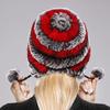 Winter Hats for Girls Women's Fur Hat Real Rex Rabbit Cap Floral Knitted Hat with Balls Skulls Beanies 55-59cm