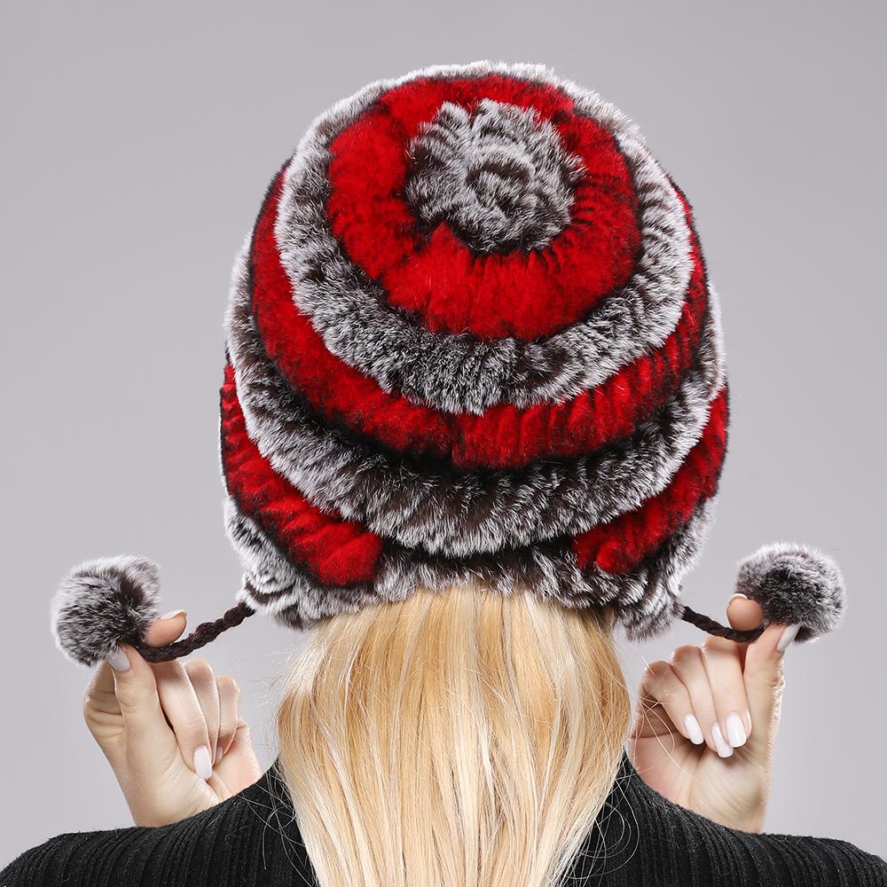 Winter Hats for Girls Women's Fur Hat Real Rex Rabbit Cap Floral Knitted Hat with Balls Skulls Beanies 55-59cm