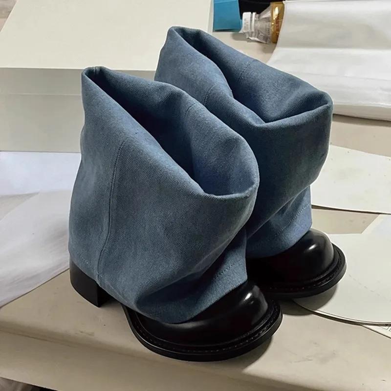 Fashion Fashionable Black Blue Denim Shorts Pants Boots New Thick Bottom Retro Round Head Thick Heel Wrinkled Lazy Ankle Boots Size 43