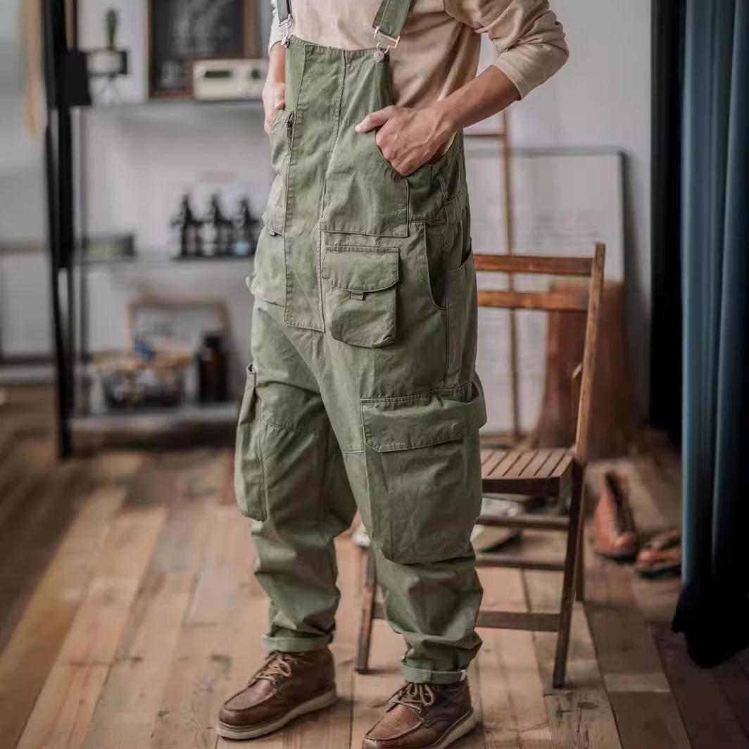 Men s Reverse Craftsman American Retro Ami Khaki Loose Multi-pocket Work Overalls Jumpsuit Clothes Sale XS зелёный