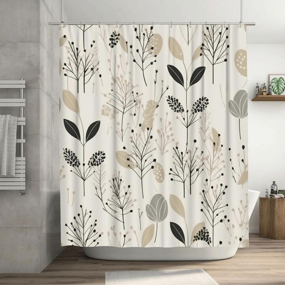 Modern Bathroom Shower Curtain Set Elegant Plant Pattern Decorative Shower Curtains for Home Bathrooms – White Black Beige Color