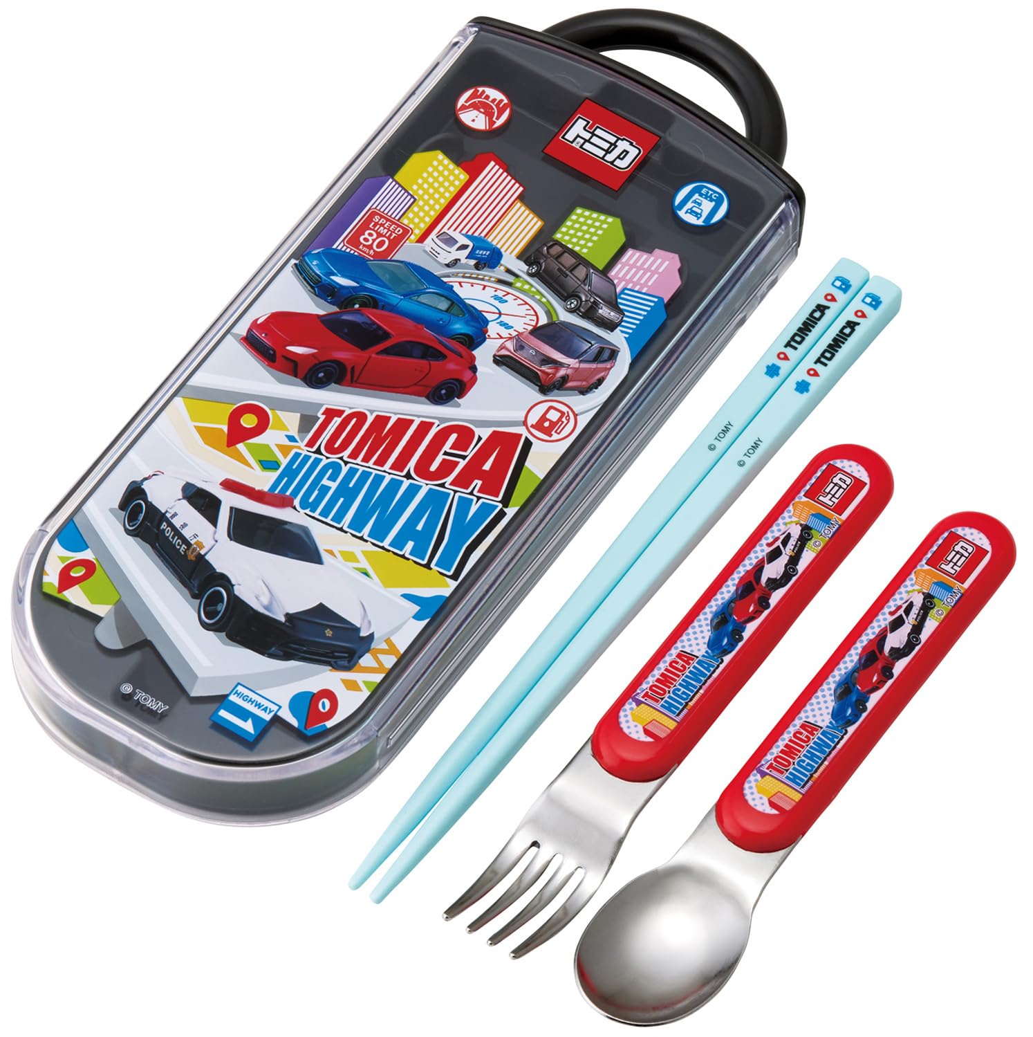 

Skater Lunch Box Trio and Made in Tomica TACC2AG Kids Set, Chopsticks, Spoon, Fork, Kids Cutlery, Antibacterial, Easy-Open Slide-Open, Japan, 25,