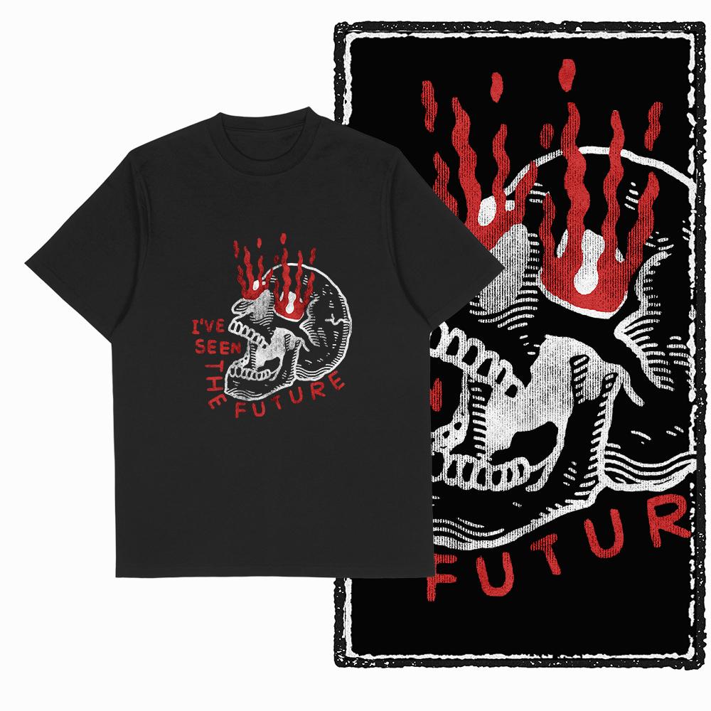 Summer Classic Retro Fire Skull Pattern Cotton High Street Print Short-Sleeved Breathable And Loose Men's Round-Neck T-Shirt