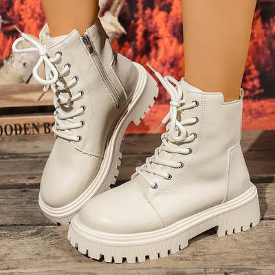 Fashion Women Boots Winter Warm Short Plush Ankle Boots Women Fashion Lace Up Platform Combat Shoes Woman Comfy Low Heels Leather Shoes