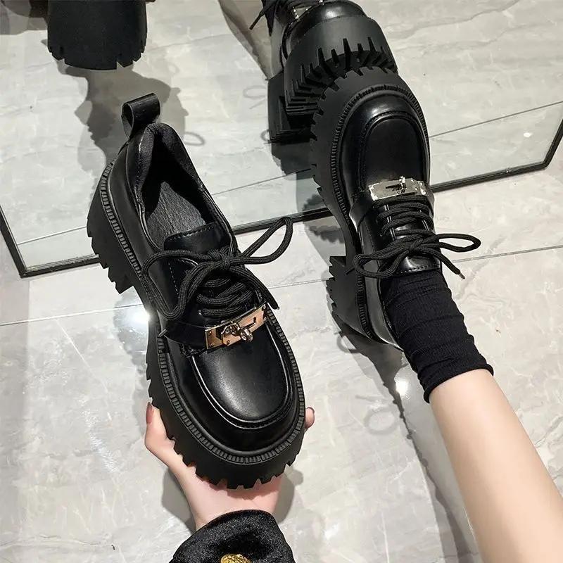 Fashion Korean Style Black Mary's Small Leather Shoes Women's Autumn New Fashionable Versatile Large Heel Anti-Slip Loafers