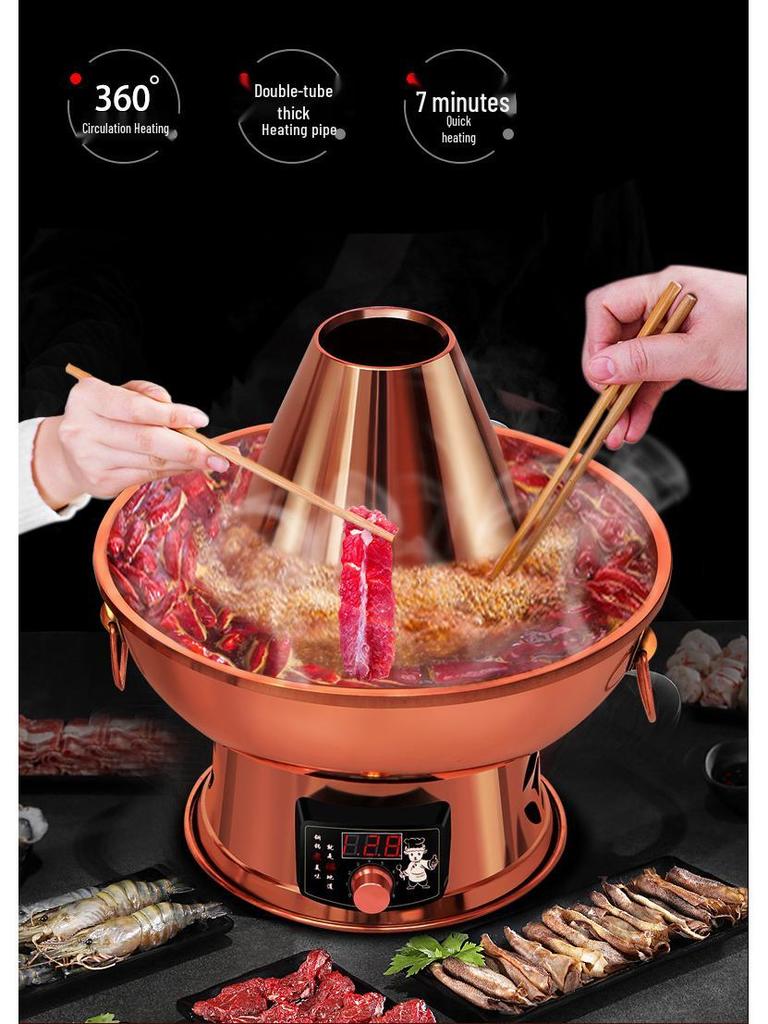 Elektrischer Lila Kupfer Doppelnutzungs-Hot Pot: Einstellbare Temperatur Shabu-Shabu Lamm Hammelfleisch Holzkohle und Plug-in Warmhalte Kupfertopf für den Heimgebrauch