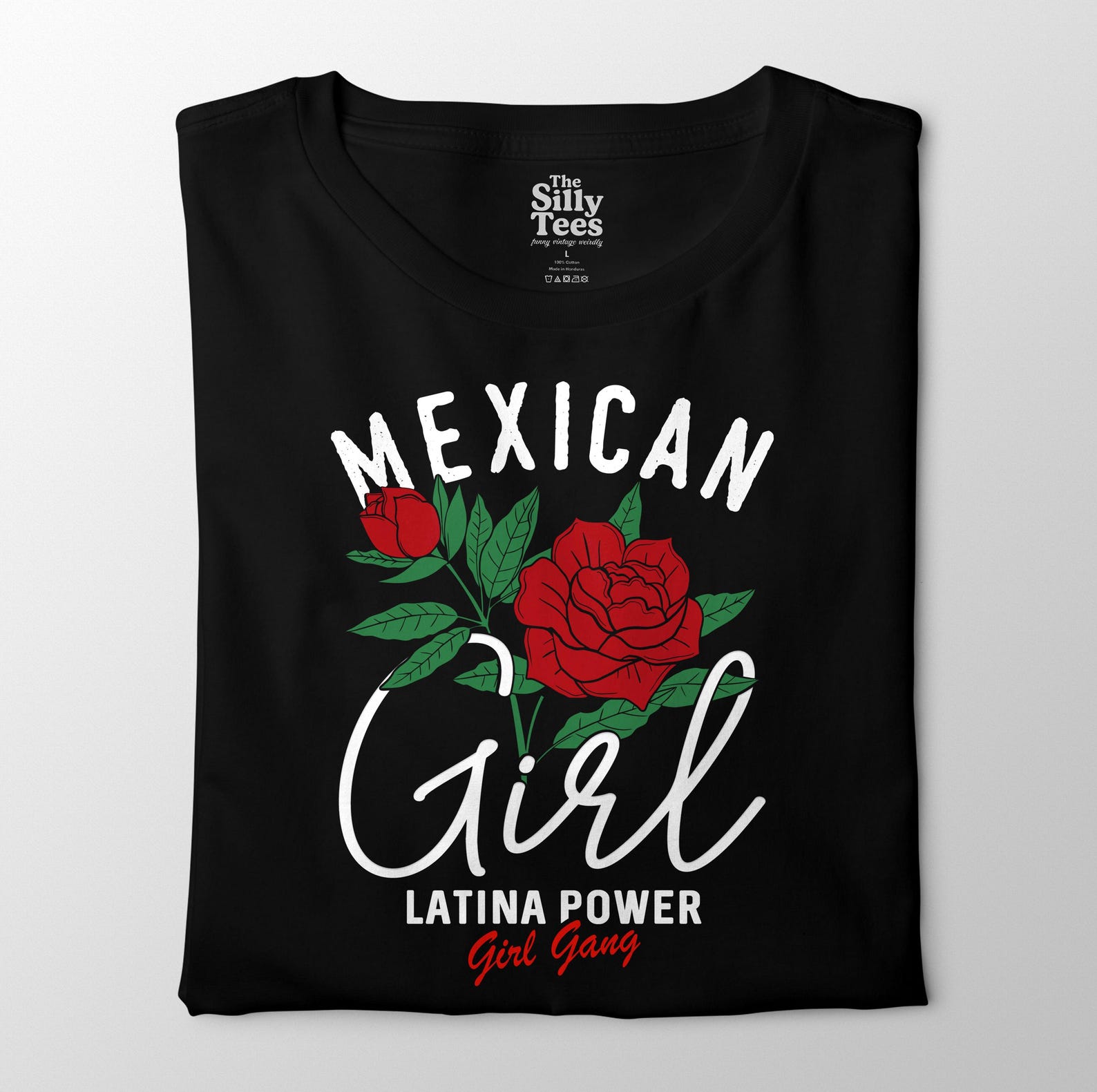 Latina Power T-Shirt: Red Rose Mexican Girl Graphic Tee XL