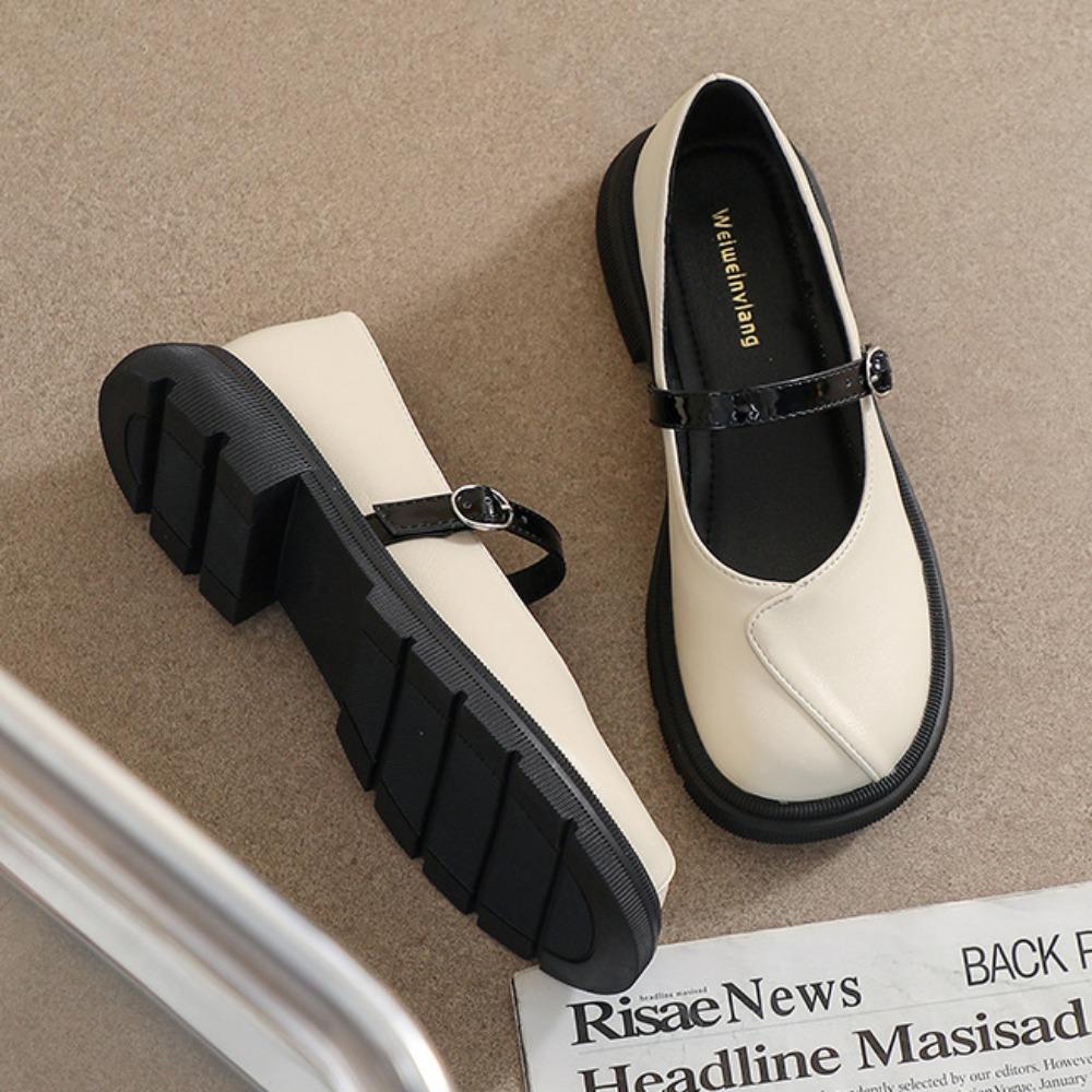 Fashion Thick Soled Mary Jane Shoes Women's New Spring Autumn Shallow Mouth Loafers Round Toe Single Shoes for Women Wide Heels Women