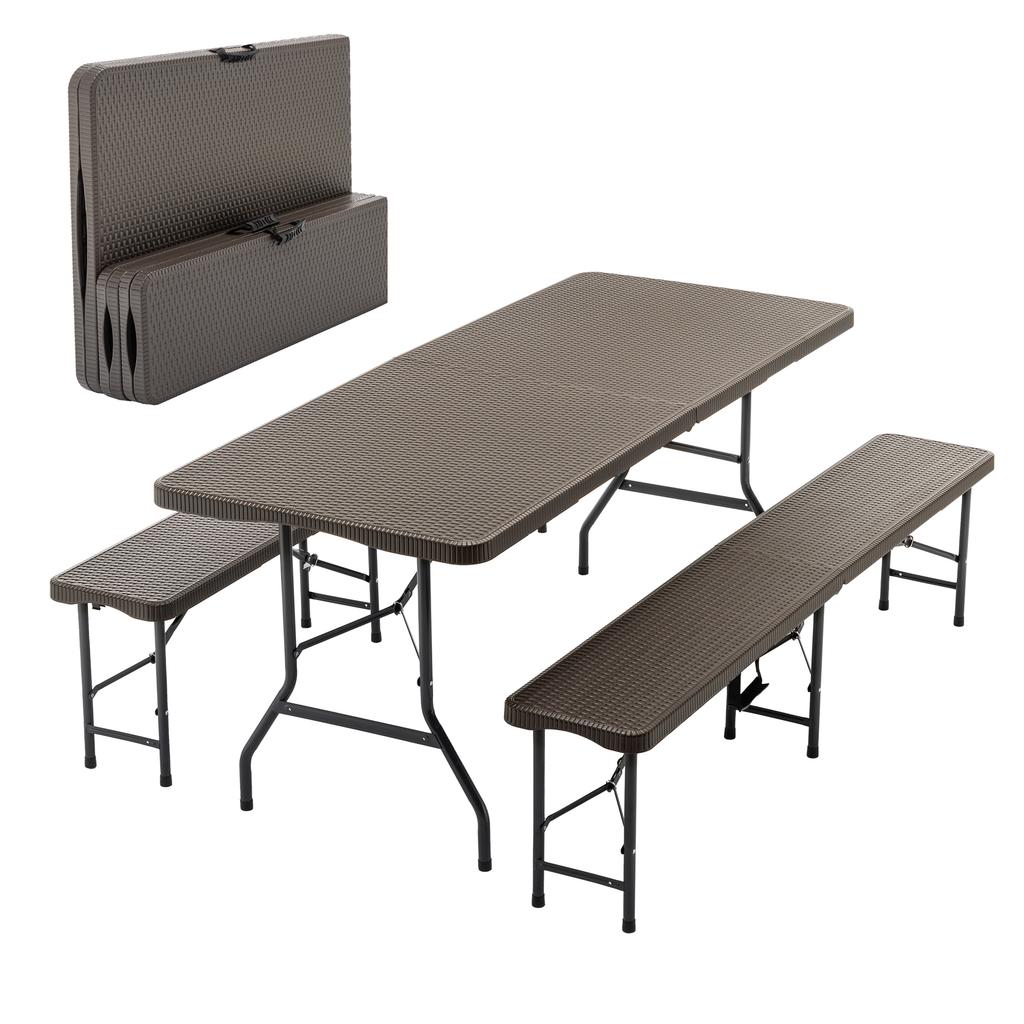 6ft Folding Picnic Table with 2 Benches, 3-Piece Camping Set, HDPE Tabletop with Tree Pattern, Safety Lock, UV and Water Resistant, Brown