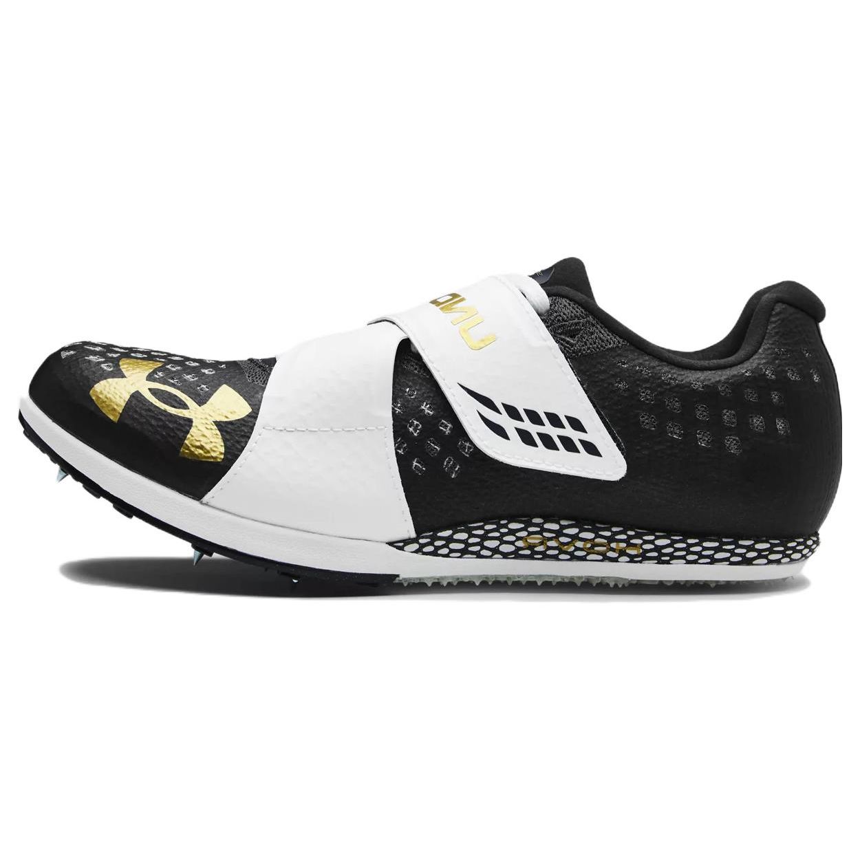 Under Armour HOVR Shakedown Elite Track Spikes Black White Metallic Gold Unisex 3021864101 40