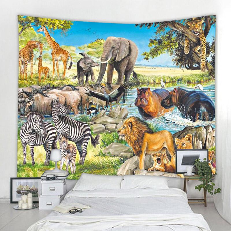 African Jungle Wild Animal Tapestry Rainforest Theme Wall Hanging Safari Animals Giraffe Elephant Tapestries For Boys Adults