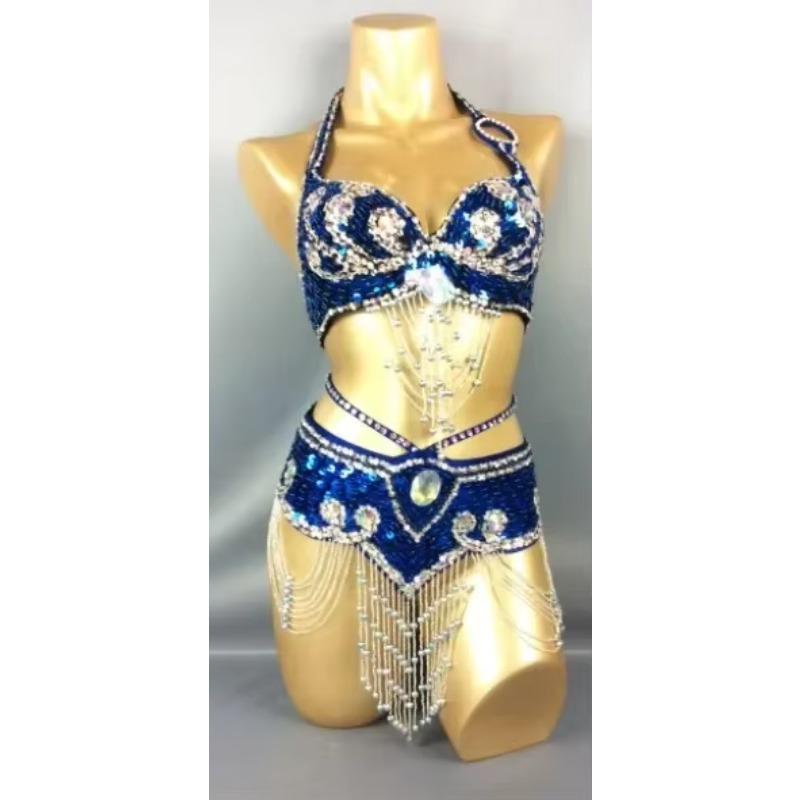 Hot Selling Women Beaded Sequins Belly Dancing Suite Belt+Bra Samba Costumes Club USA Bra Size 34B,36B,38B,40B,34D,36D,38D,40D