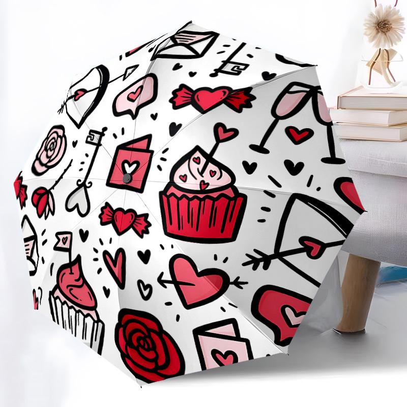 1pc Love Symbols Decorations Automatic Folding Umbrella - 8-Rib Iron Frame, Windproof, Portable Sunshade with Plastic Handle for Travel & Ou