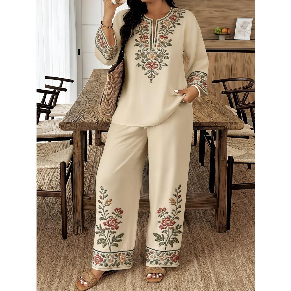 Damen Frühling Sommer Neues 2-teiliges Outfit, V-Ausschnitt 3/4-Ärmel Knopfleiste Hemd & Bedruckte Elastische Taille Lange Hose Set, Digitaldruck Maschine Lässiger Anzug