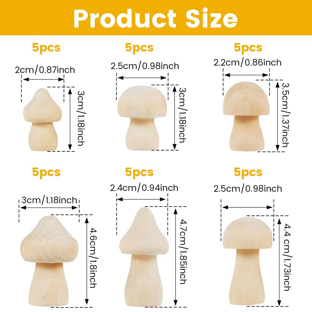 30Pcs Unfinished Wooden Mushroom Natural Mini Wood Mushroom Set DIY Art Craft Projects Unpainted Wood Mushroom Graffiti Toys