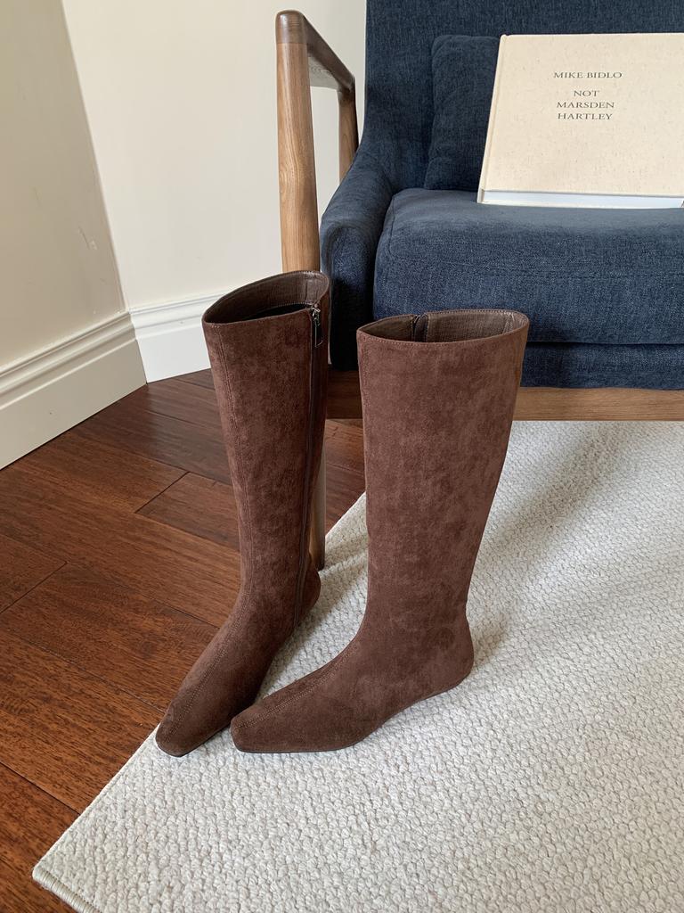 2025 new square head suede tall tube thin but knee low slope heel side zipper knight women's boots
