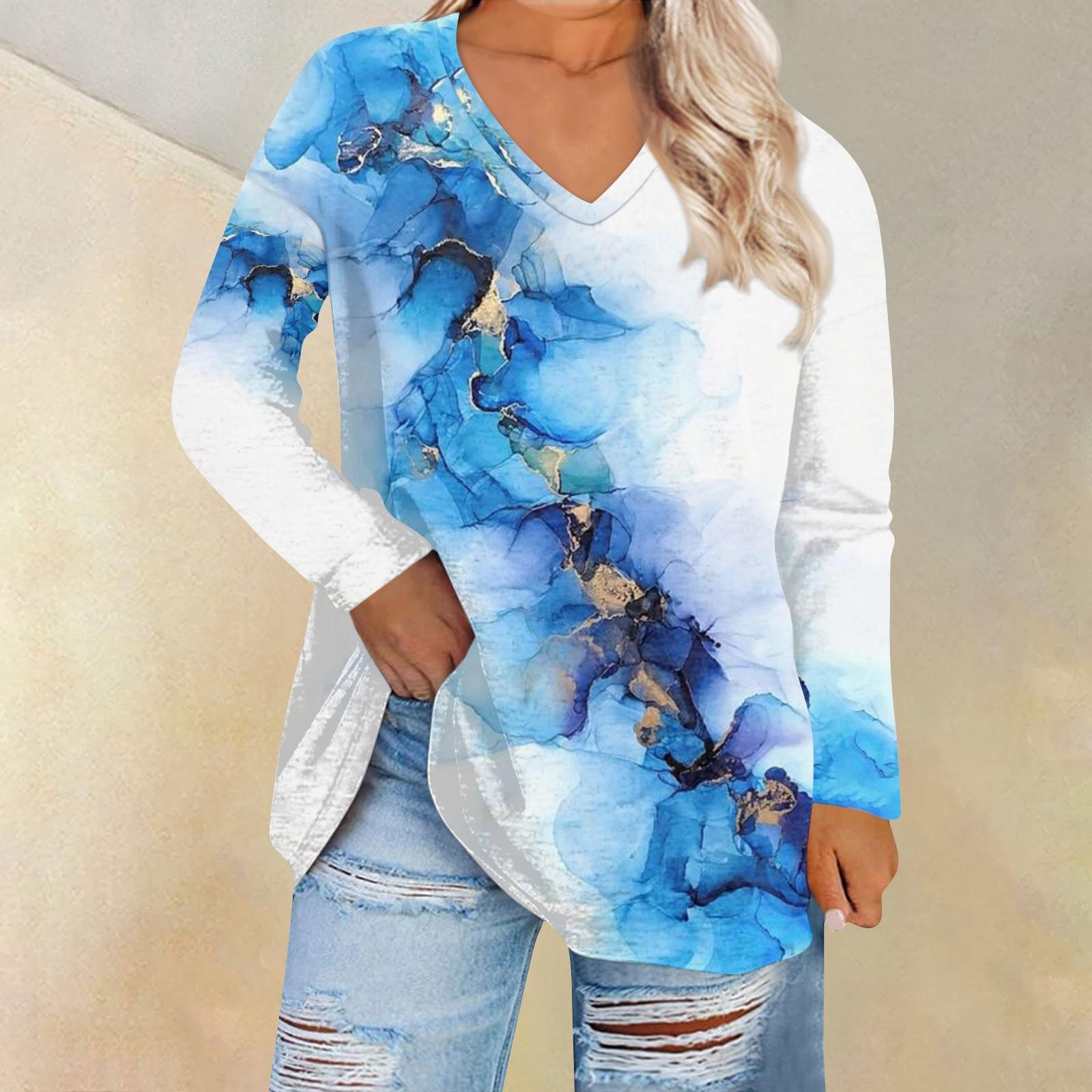 

Женская свободная посадка с круглым вырезом, удобная и модная повседневная футболка с длинными рукавами с принтом