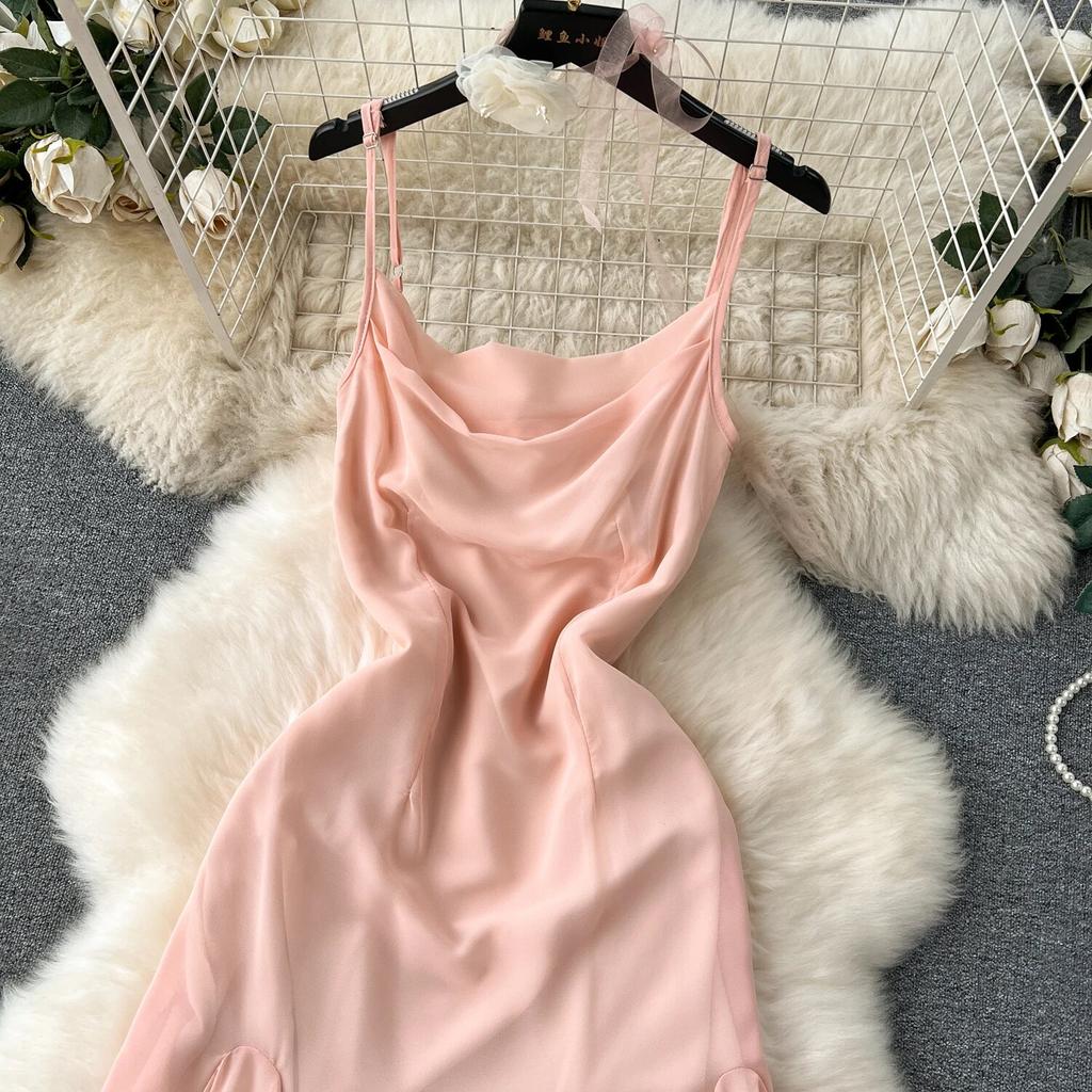 Socialite Sle Vacation Skirts Sexy Square Collar Slim fit Mid-Length Design Sense Frill Big Hemline Sling Dress Women