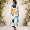 Women Plus Size Round Neck Sleeveless Blue Yellow Geometric Printed A Line Long Dress With Side Pockets