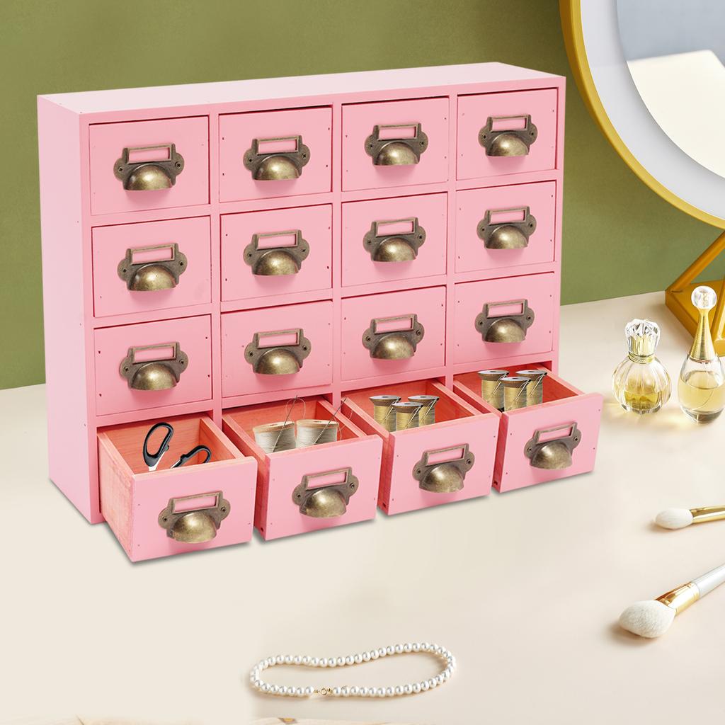 16-Compartment Drawer Storage Cabinet – Vintage Pink Solid Wood Desktop Organizer – 22 lbs Load Capacity