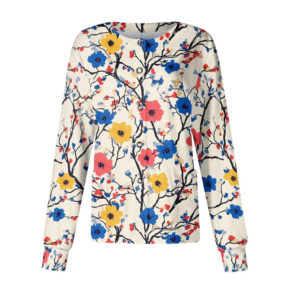 Women's Long Sleeve Button Front Floral Print Medical Scrub Top Lightweight Comfortable Fit Nursing Uniform Shirt