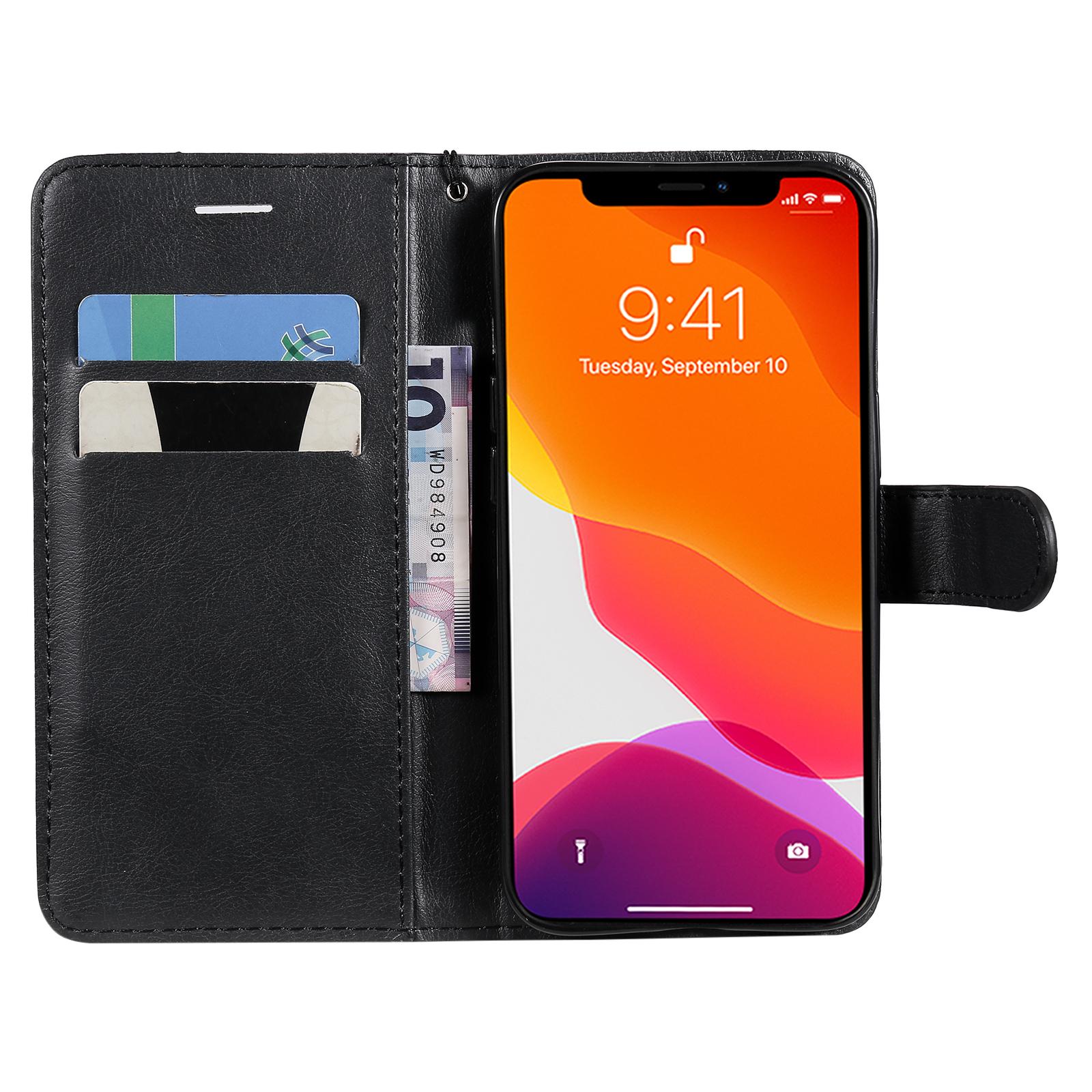 

For iPhone 15 Case Solid Color Leather Mobile Cover Wallet Stand with Strap Black
