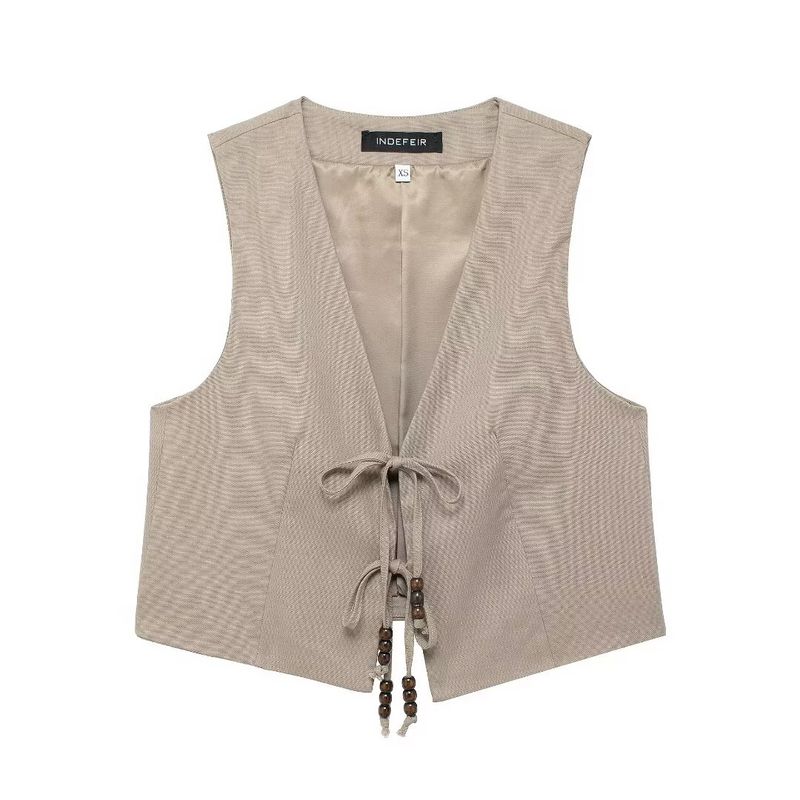 Kaslead New Arrival Women's Fashion Style Beaded Linen Vest Casual Pants 7901322 7901222