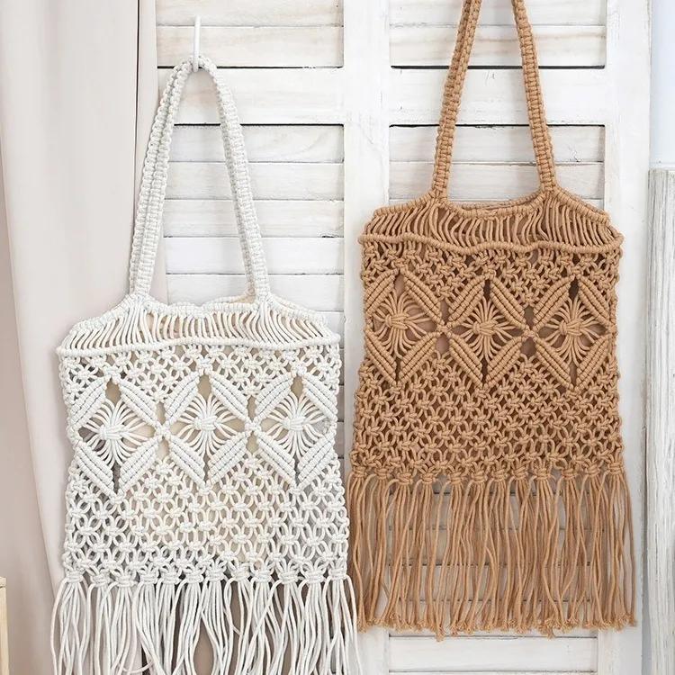 WTEMPO Straw-woven Bag Retro Hollowed-out Hand-woven Single-shoulder Cotton Thread Crossbody Bag Casual Vacation Bucket Beach Bag