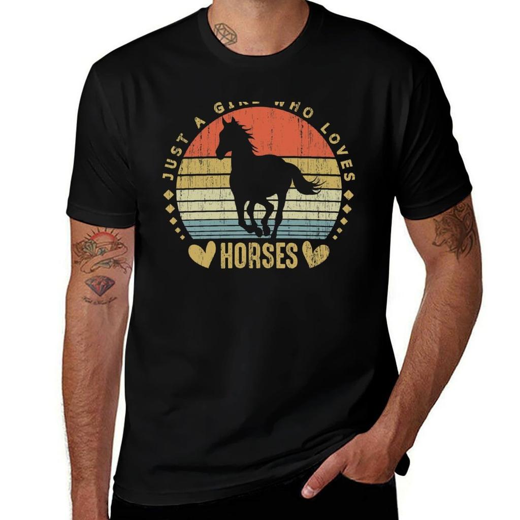 Just a Girl Who Loves Horses Vintage Horses Distressed Gift for Horse Lover TShirt Active Sports Short Sleeve Cotton Shirt