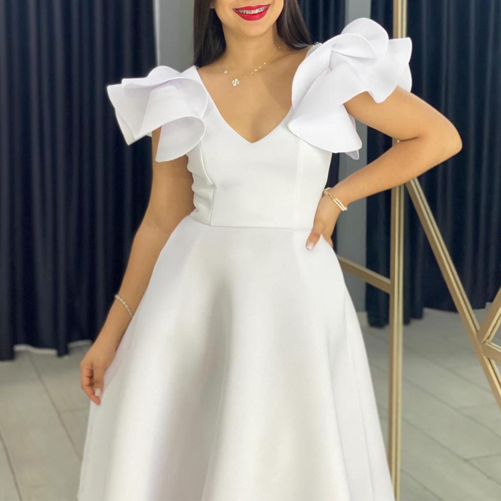 YYFS Dámská móda Léto Jaro Jednobarevný potisk Neformální šaty s krátkým rukávem a výstřihem do V s vysokým pasem