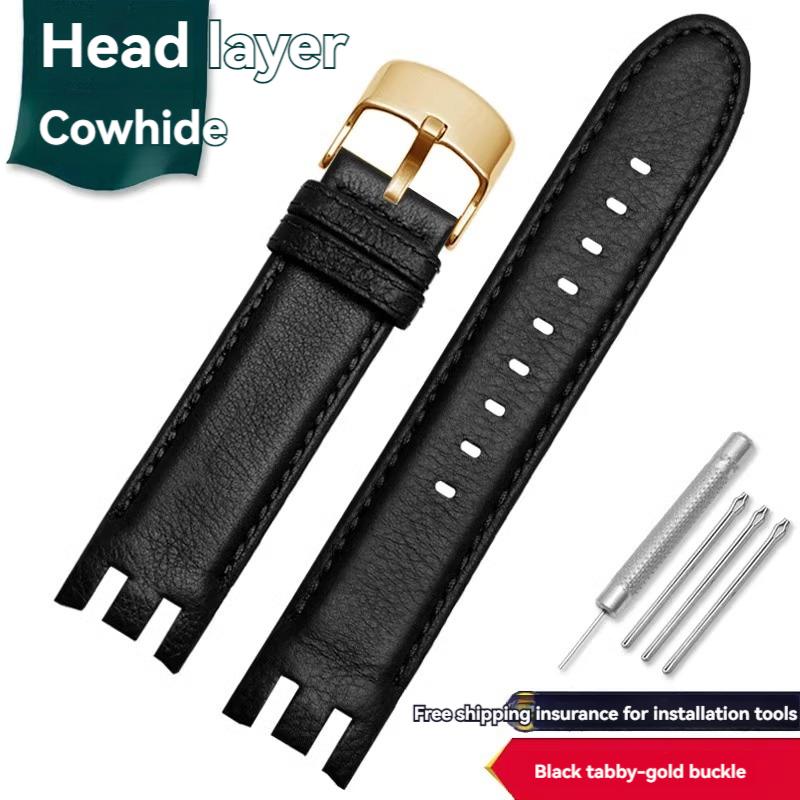 Pulsera de Interfaz Curva Dedicada de 21 mm para Reloj Swatch Correa de Cuero de Vaca para Hombre YRS403 YRS412 YRS402g Correa de Piel de Ternero con Herramientas