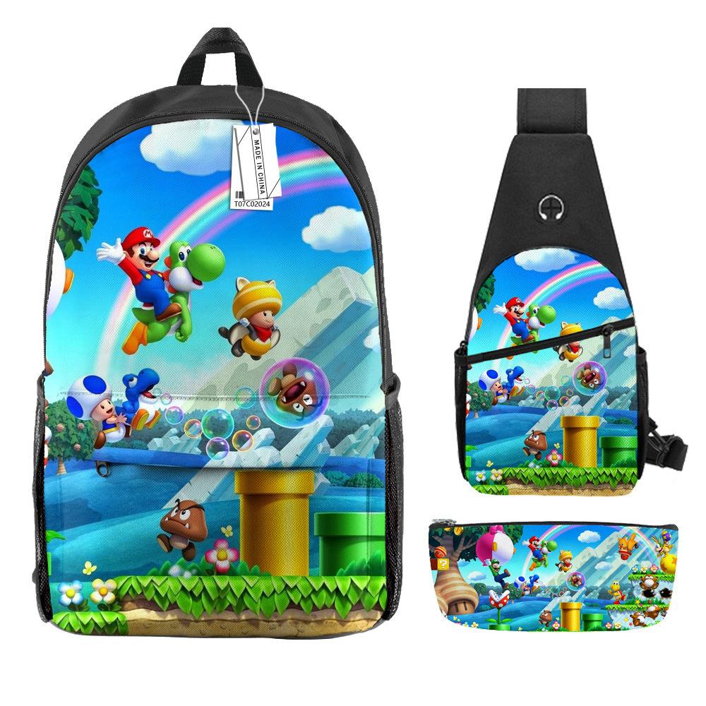 Animation Backpack, Super Mary Primary School Student Print Children'S Backpack Satchel Pencil Case Three-Piece Set