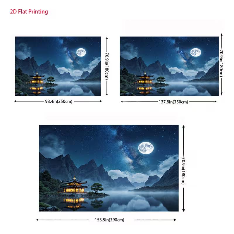 2D Asian Mountain Night Backdrop, Starry Sky and Misty Water