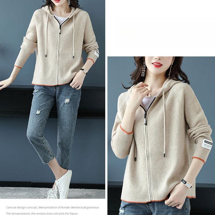 Knitted Hoodie Women's Spring and Autumn Solid-color Short Knitted Sweatshirt Hooded Zipper Sweater Cardigan Baseball Jacket