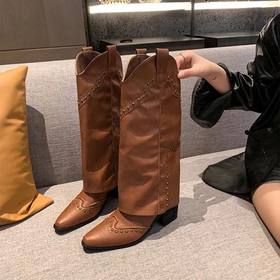 2024 Nietenstiefel Damen Niedriger Absatz Cowboy Chelsea Western Kurz Leder Kniehoch Luxus Designer Gothic New Rock Schuhe Vintage