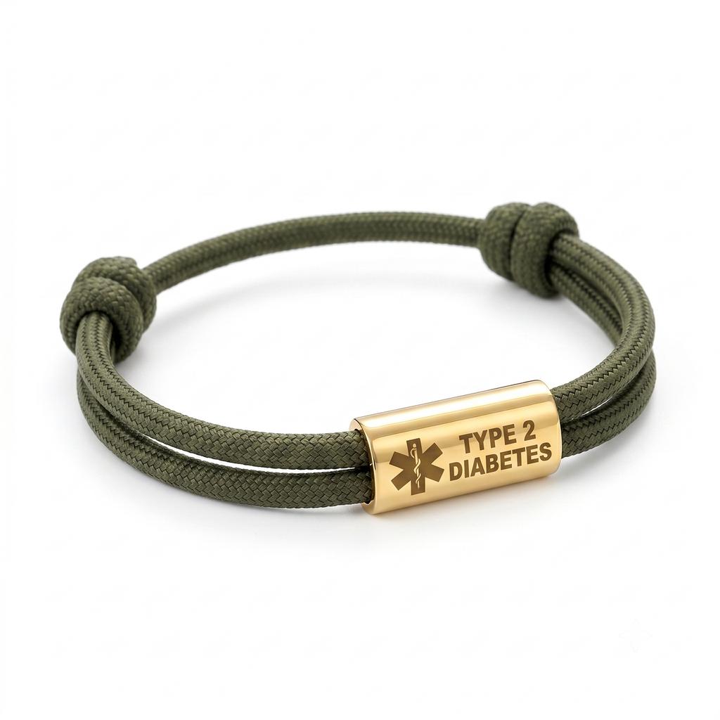 Bracciale Diabete di Tipo 2 Acciaio Inossidabile Barra Incisa Corda di Nylon Intrecciata Doppia per Uomo Donna