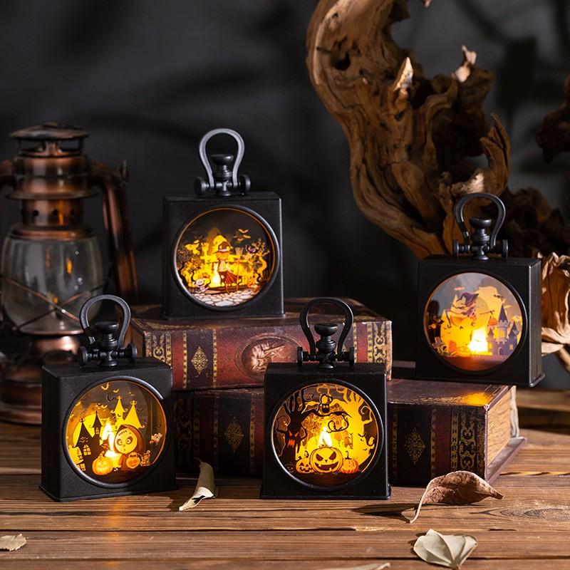 Halloween Decorations Kids - Cute Handheld Gift Box Lantern With Witch Pumpkin Skeleton Scarecrow Figurines