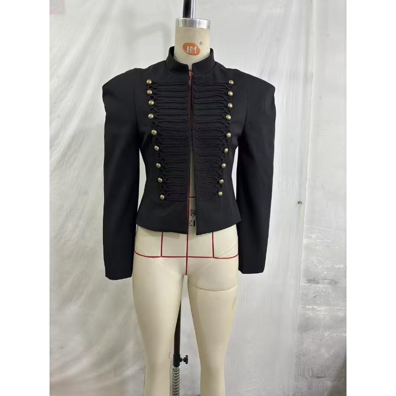 Elegant Women's Cropped Black Coats Pads Stand Collar Full Sleeve Jacket Autumn Lady Chic Commute Outwear