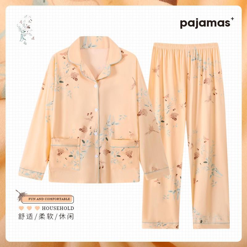 Womens Long Sleeve Pajama Set Faux Cotton Loungewear Ladies Thin Breathable Sleepwear Casual Home Wear